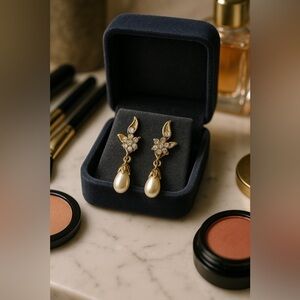 Vintage 60’s De Nicola Faux Pearl Dangle Post Back Earrings,Floral & Rhinestones